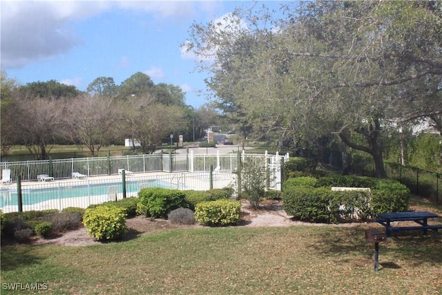 community pool with a yard and fence