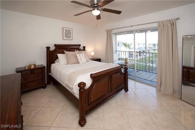 tiled bedroom with ceiling fan and access to outside