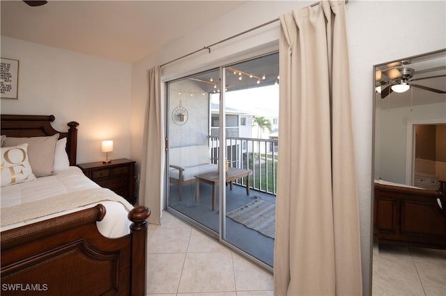 tiled bedroom with ceiling fan and access to exterior