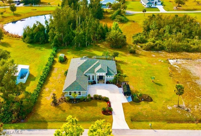 drone / aerial view featuring a water view