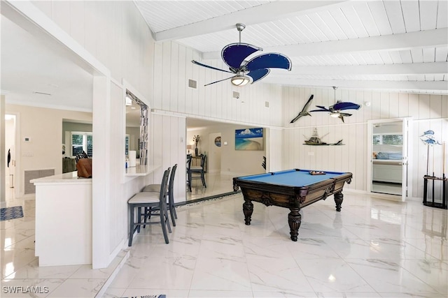 recreation room featuring ceiling fan, pool table, wood walls, and beamed ceiling