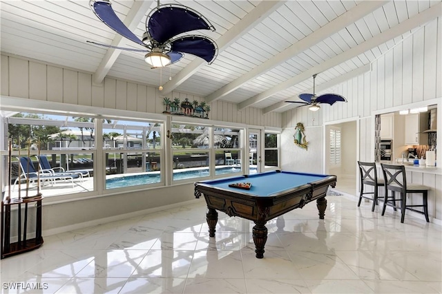 rec room featuring ceiling fan, billiards, plenty of natural light, and vaulted ceiling with beams