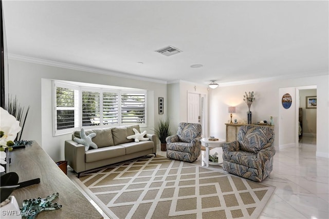 living room with ornamental molding