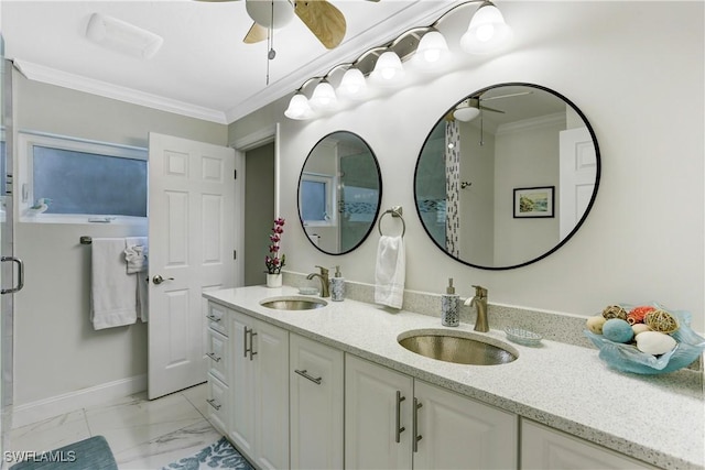 bathroom with ceiling fan, vanity, and crown molding