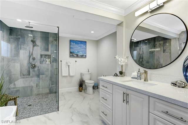 bathroom featuring an enclosed shower, vanity, ornamental molding, and toilet