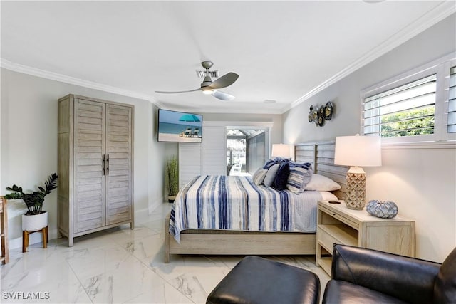 bedroom with ceiling fan and ornamental molding