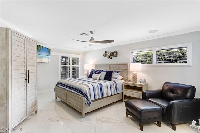 bedroom featuring ceiling fan and ornamental molding