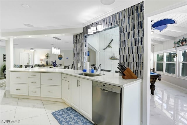 interior space with white cabinetry, pool table, sink, dishwasher, and beamed ceiling