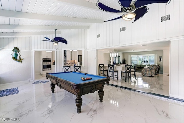 rec room featuring beamed ceiling, high vaulted ceiling, wooden walls, and billiards