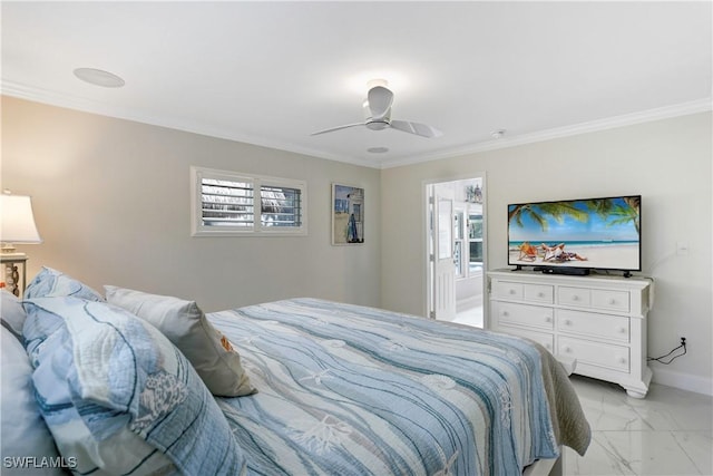 bedroom featuring ceiling fan and ornamental molding