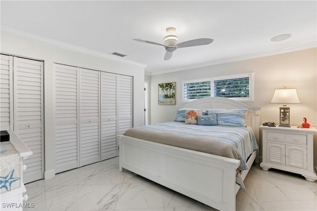 bedroom featuring ceiling fan and crown molding