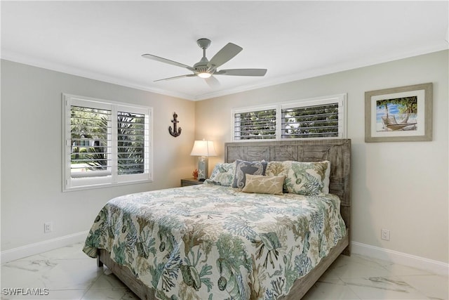 bedroom with ceiling fan and ornamental molding