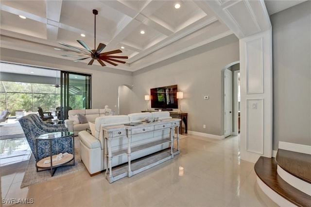 tiled bedroom featuring a towering ceiling, beam ceiling, and coffered ceiling