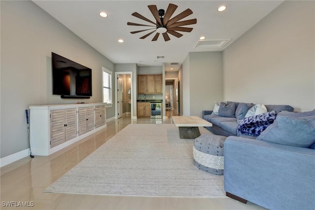 living room featuring ceiling fan, wine cooler, and light tile patterned flooring