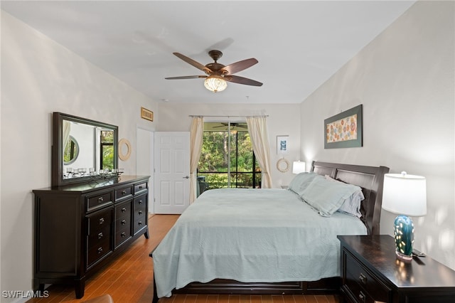 bedroom with ceiling fan, light hardwood / wood-style flooring, and access to outside