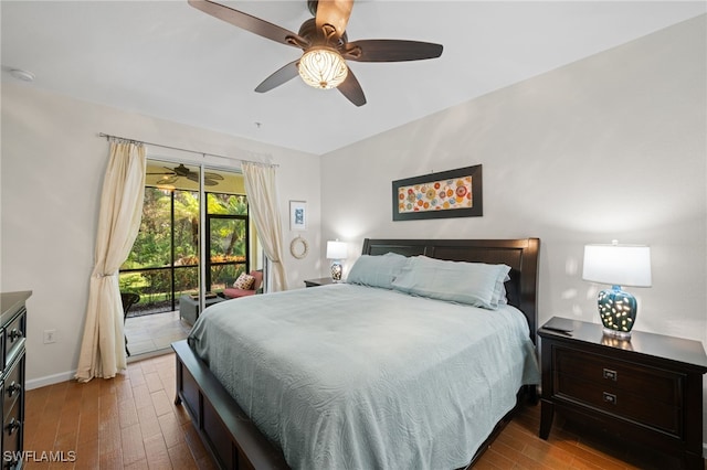 bedroom with ceiling fan, hardwood / wood-style flooring, and access to outside