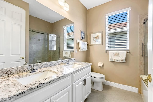 full bathroom with enclosed tub / shower combo, toilet, vanity, and tile patterned flooring