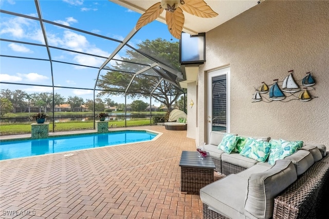 view of swimming pool with an outdoor hangout area, glass enclosure, and a patio