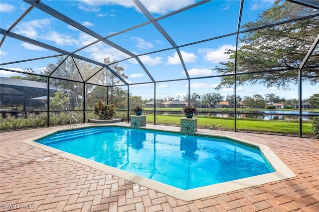 view of pool with a water view, a patio area, and a lanai