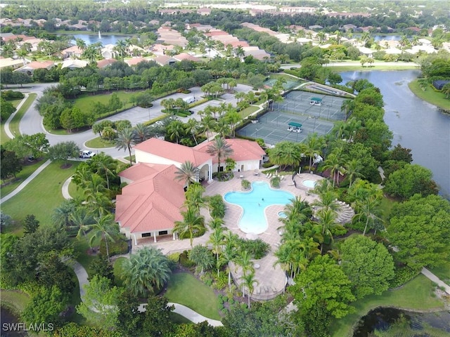 bird's eye view with a water view