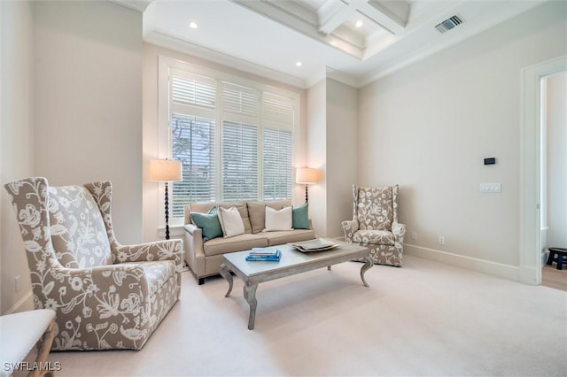 living room featuring crown molding, coffered ceiling, carpet floors, and beamed ceiling