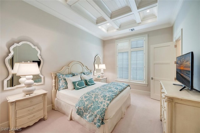 bedroom featuring beam ceiling, light colored carpet, crown molding, and coffered ceiling