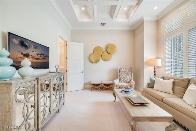 carpeted living room with coffered ceiling, beamed ceiling, and ornamental molding