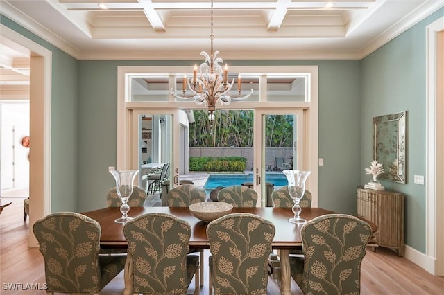 dining room featuring light hardwood / wood-style flooring, crown molding, beamed ceiling, and coffered ceiling