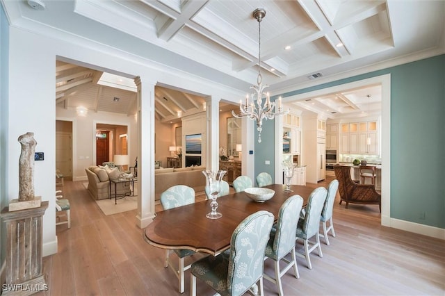 dining space featuring light hardwood / wood-style flooring, ornate columns, ornamental molding, coffered ceiling, and beamed ceiling