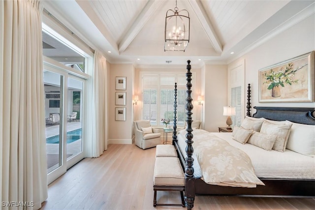 bedroom featuring light wood-type flooring, access to exterior, beam ceiling, and an inviting chandelier