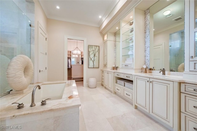 bathroom featuring vanity, ornamental molding, and plus walk in shower