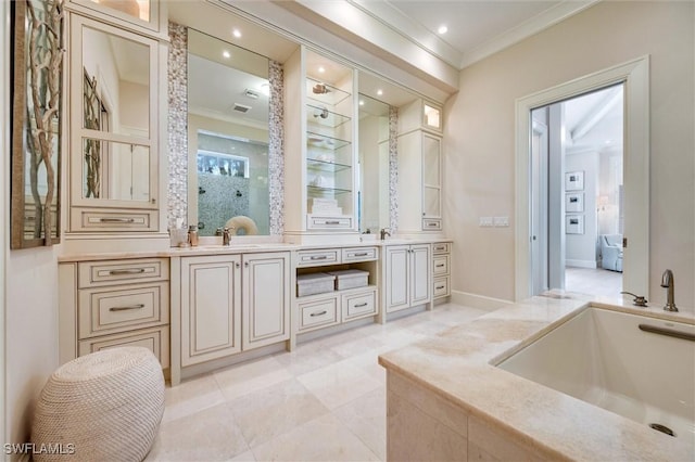 bathroom with vanity and crown molding