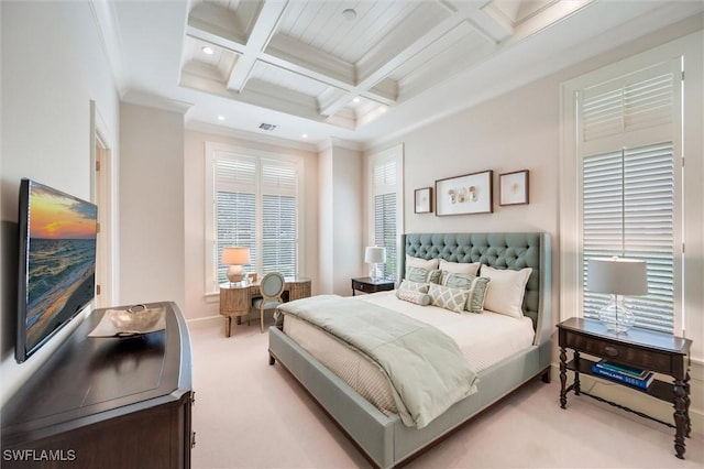 bedroom featuring crown molding, coffered ceiling, beamed ceiling, and light carpet