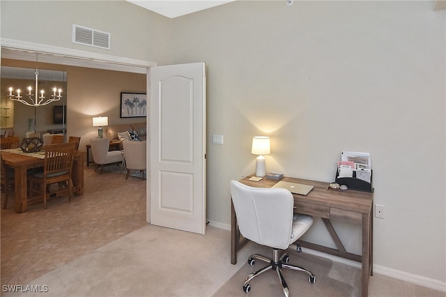 office area with light tile patterned flooring and an inviting chandelier