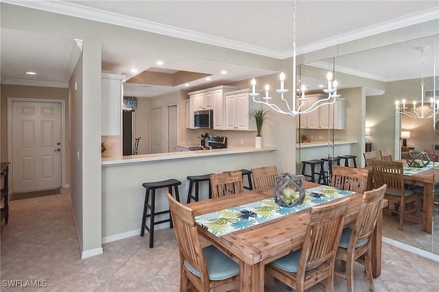 tiled dining room featuring crown molding and a chandelier