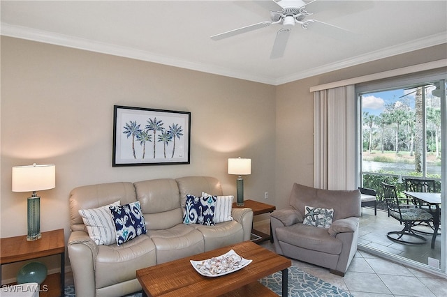 living room with ceiling fan, light tile patterned floors, and crown molding