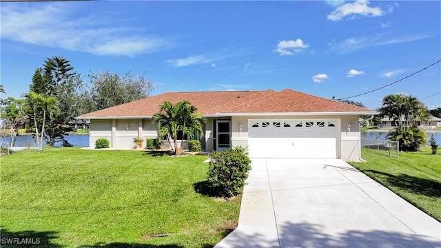 ranch-style home with a water view and a front yard