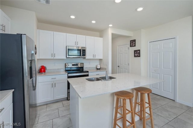 kitchen featuring sink, white cabinetry, a kitchen island with sink, light stone countertops, and stainless steel appliances