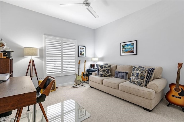 living room featuring ceiling fan and carpet floors