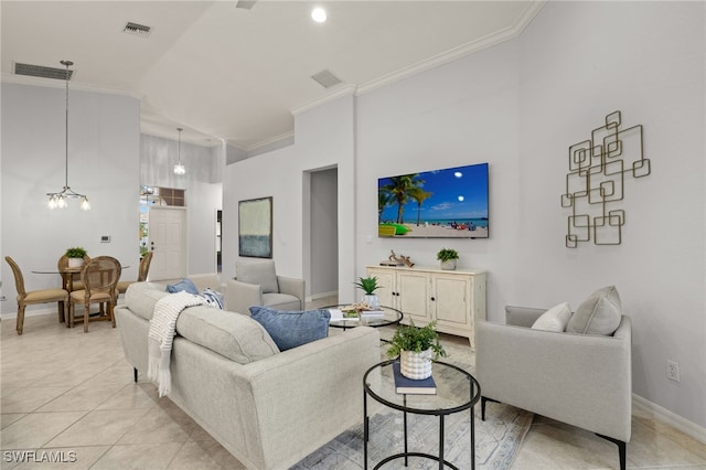 living room featuring lofted ceiling, light tile patterned floors, a chandelier, and crown molding