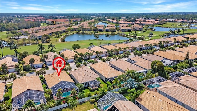 aerial view featuring a water view