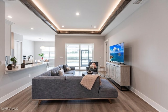 living room featuring dark wood-type flooring, sink, and a raised ceiling