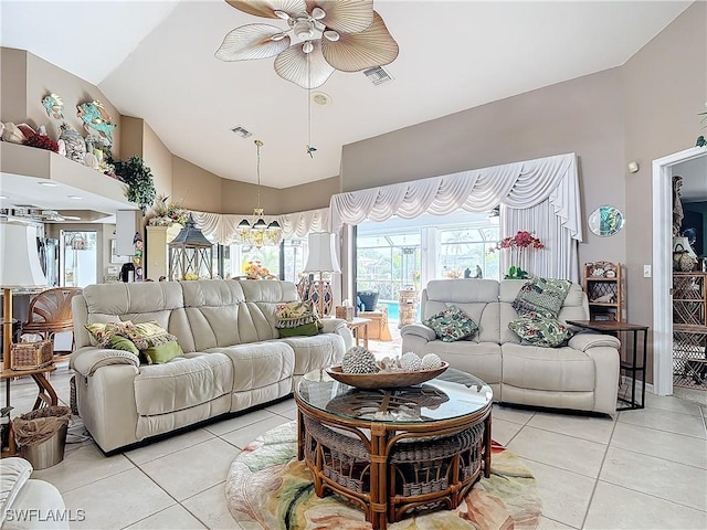 living room featuring ceiling fan, light tile patterned flooring, and high vaulted ceiling