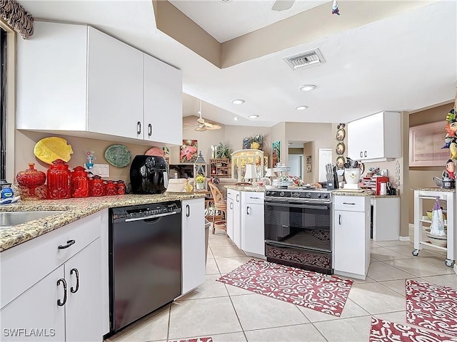 kitchen featuring ceiling fan, white cabinetry, black dishwasher, and range