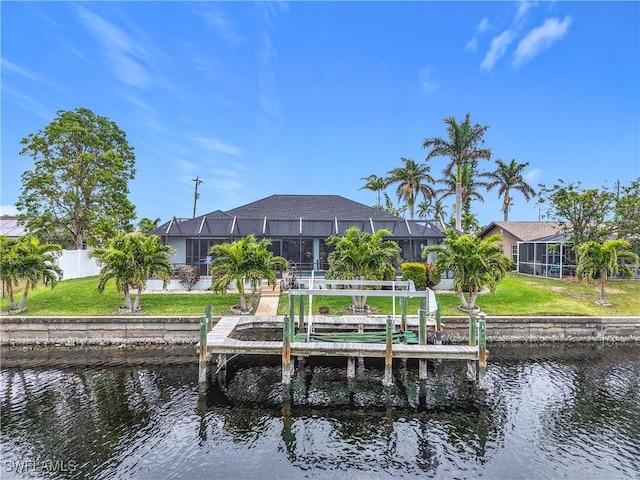 view of dock featuring a lanai, a water view, and a yard