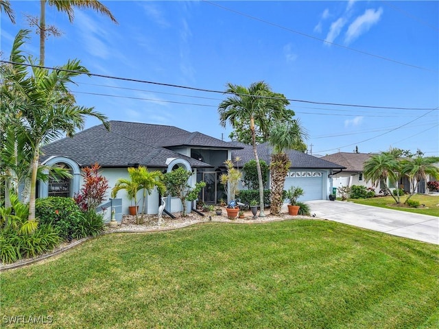 view of front of home with a front lawn and a garage