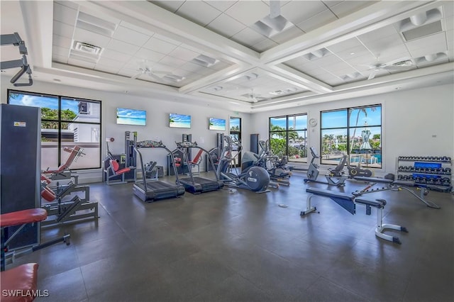 workout area with ceiling fan and a drop ceiling