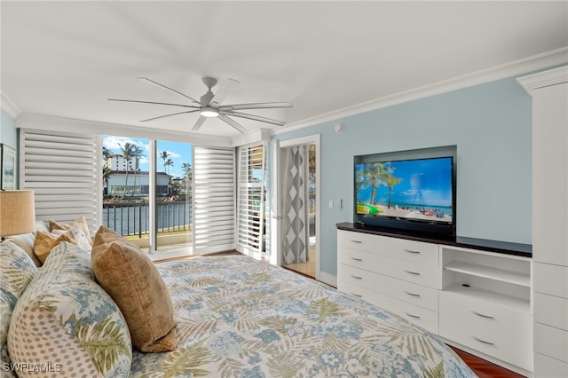 bedroom with access to outside, ceiling fan, ornamental molding, and wood-type flooring