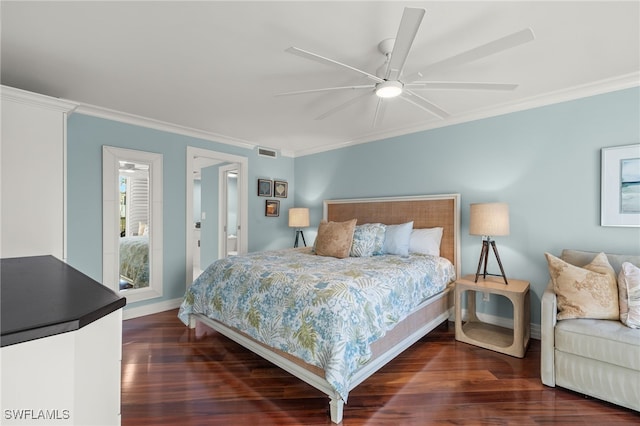 bedroom featuring ceiling fan, dark hardwood / wood-style flooring, and ornamental molding