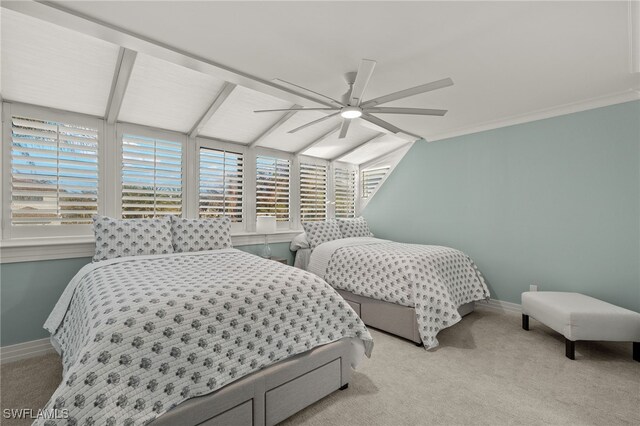 carpeted bedroom featuring vaulted ceiling and ceiling fan